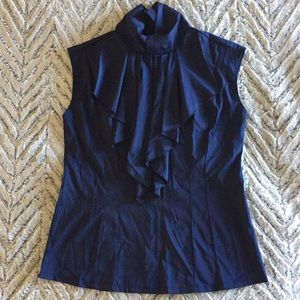Navy blue sleeveless blouse with ruffle detail